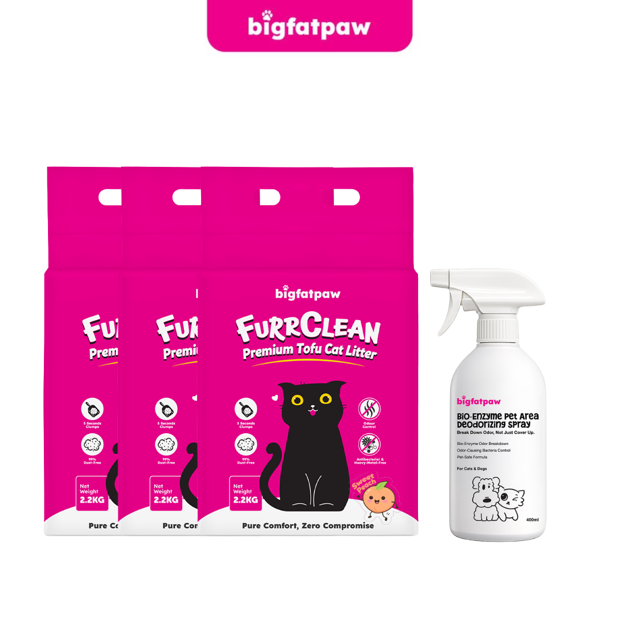 [Value Combo] bigfatpaw Premium Tofu Cat Litter (2.2kg x3)+Bio-Enzyme Pet Deodorizer Spray (400ml)