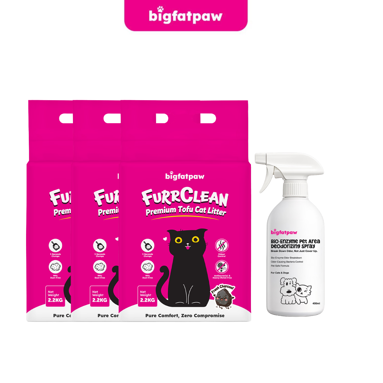 [Value Combo] bigfatpaw Premium Tofu Cat Litter (2.2kg x3)+Bio-Enzyme Pet Deodorizer Spray (400ml)