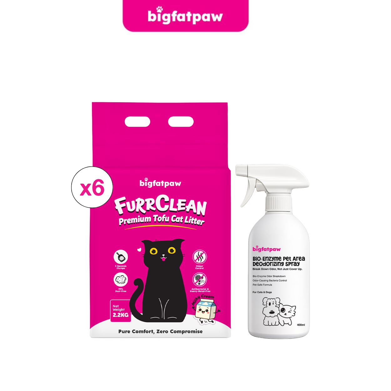 [Value Combo] bigfatpaw Premium Tofu Cat Litter (2.2kg x6)+Bio-Enzyme Pet Deodorizer Spray (400ml)