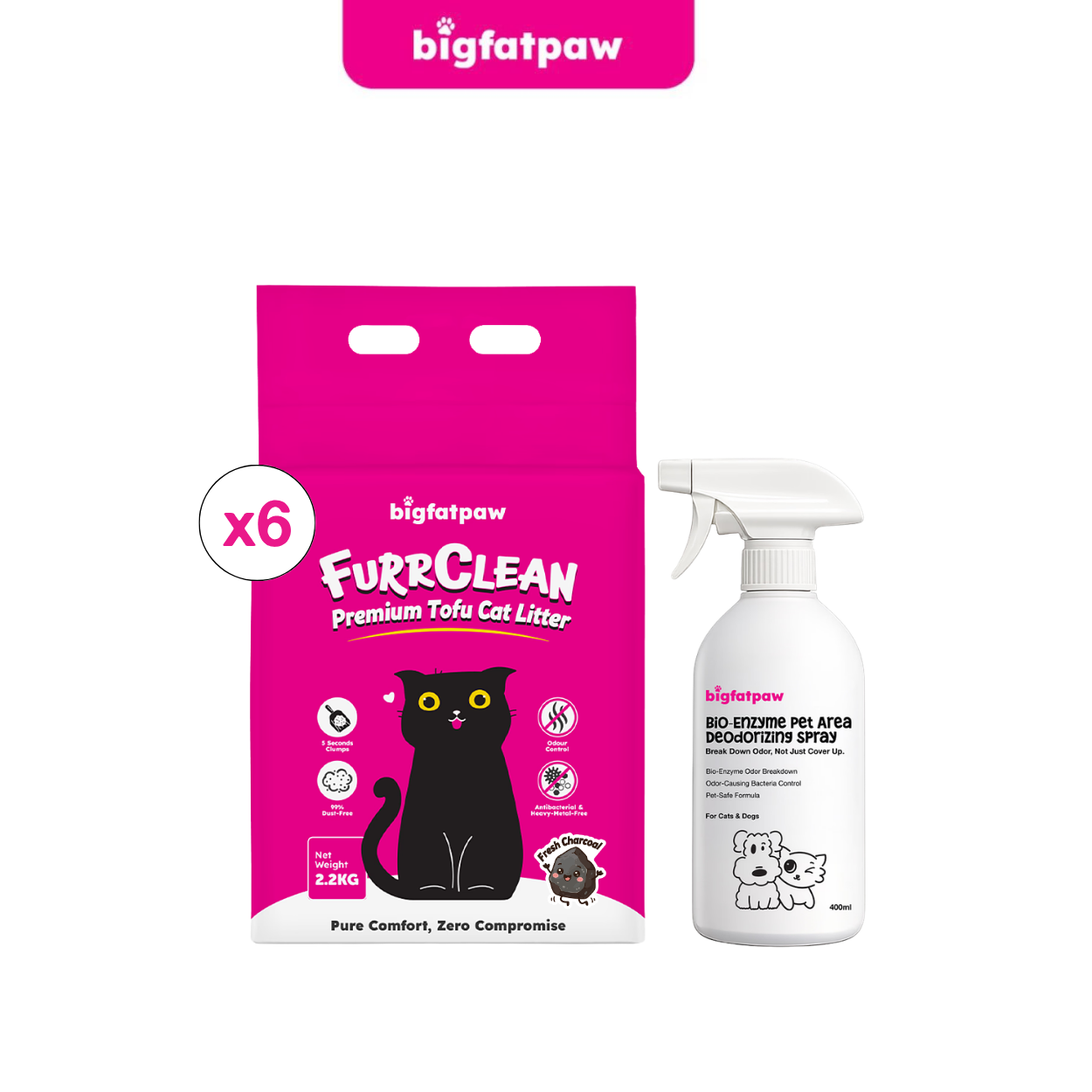 [Value Combo] bigfatpaw Premium Tofu Cat Litter (2.2kg x6)+Bio-Enzyme Pet Deodorizer Spray (400ml)
