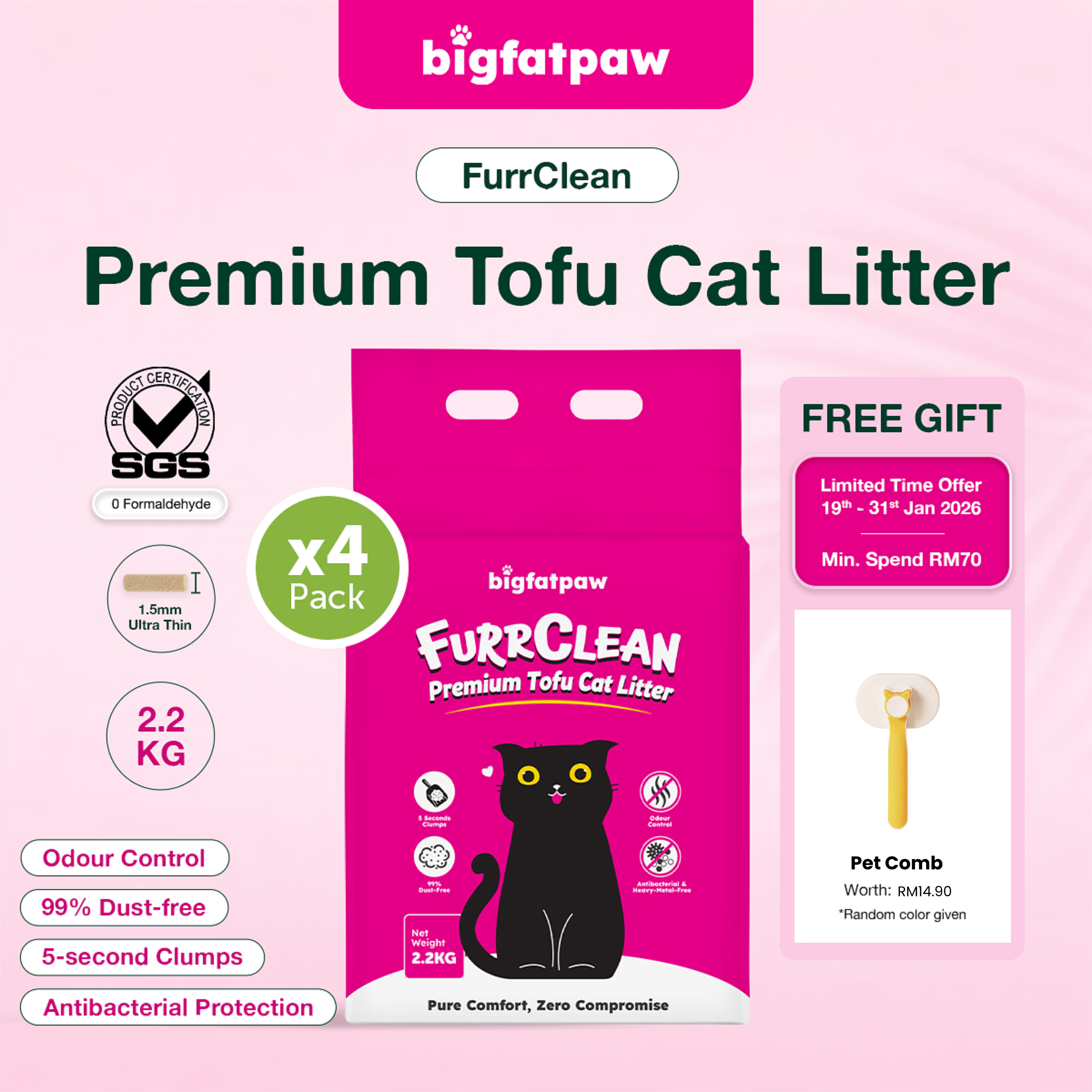 [Carton Deal 4 x 2.2kg] bigfatpaw FurrClean Premium Tofu Cat Litter 2.2KG