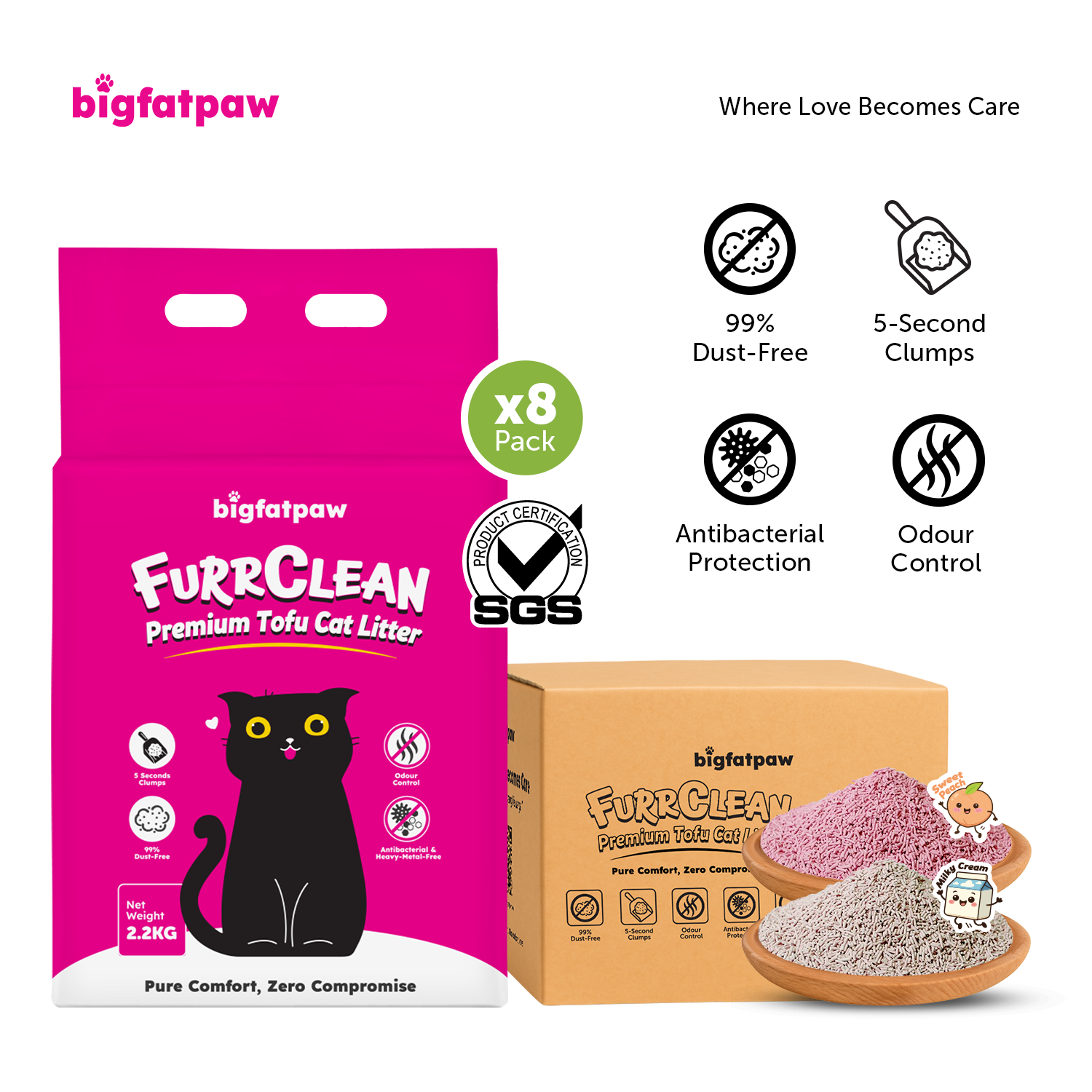 [Carton Deal 8 x 2.2kg] bigfatpaw FurrClean Premium Tofu Cat Litter 2.2KG