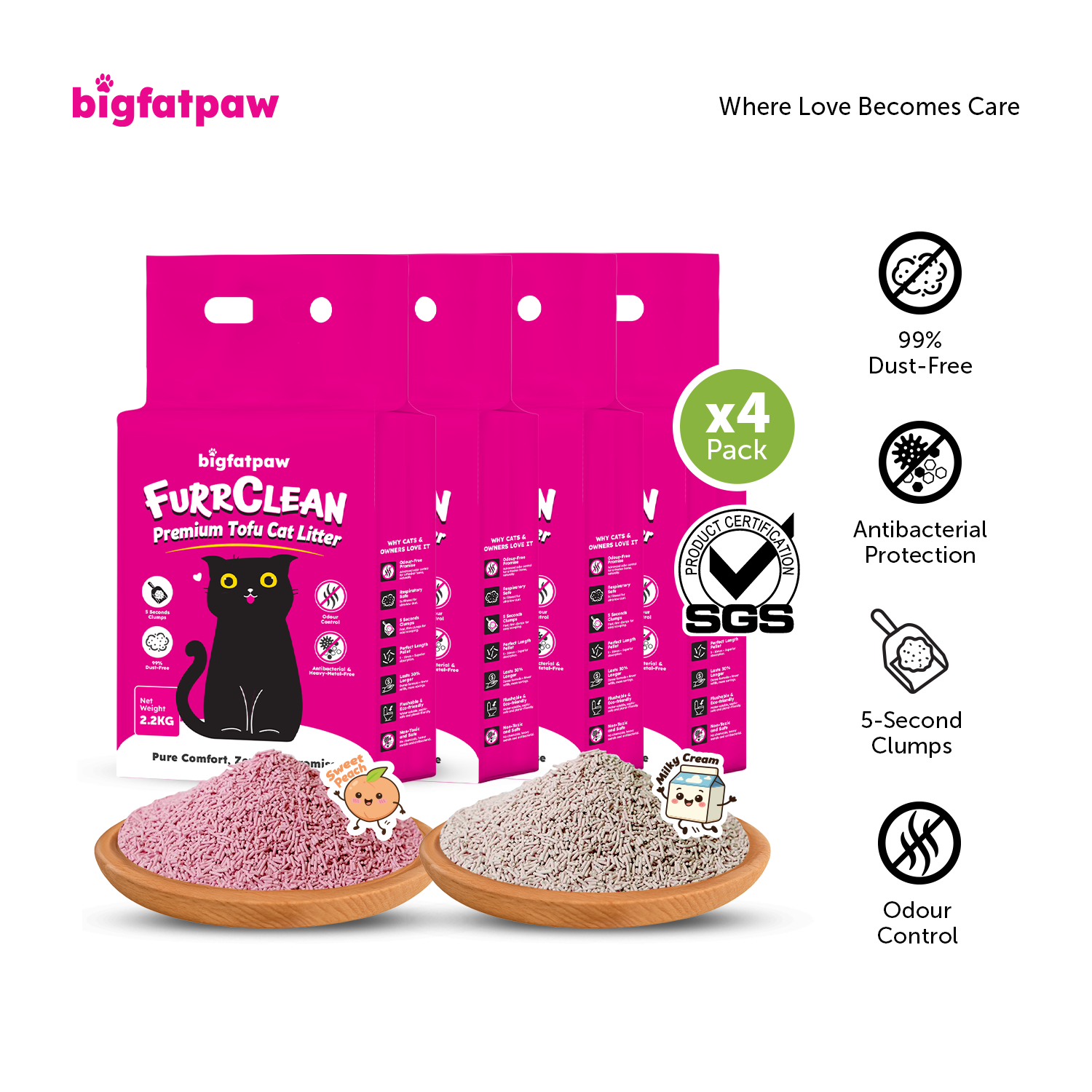 [Carton Deal 4 x 2.2kg] bigfatpaw FurrClean Premium Tofu Cat Litter 2.2KG