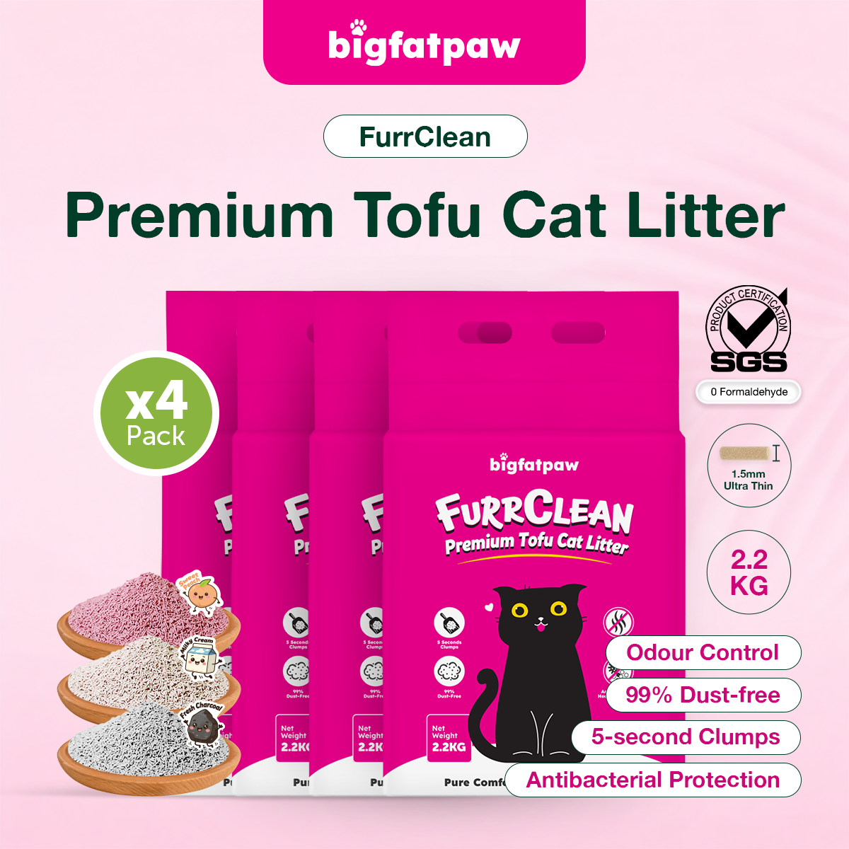 [Carton Deal 4 x 2.2kg] bigfatpaw FurrClean Premium Tofu Cat Litter (2.2kg)