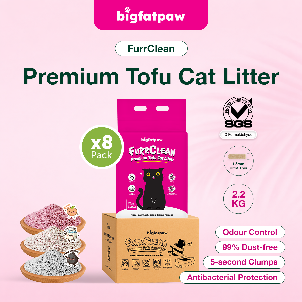 [Carton Deal 8 x 2.2kg] bigfatpaw FurrClean Premium Tofu Cat Litter 2.2KG