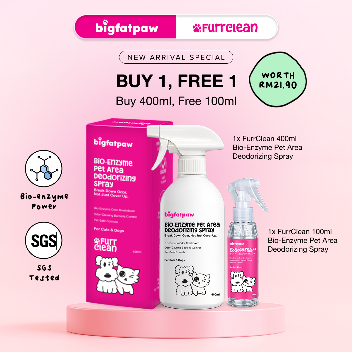 bigfatpaw FurrClean Bio-Enzyme Pet Deodorizer Spray (100ml/400ml) antibacterial surface deodorant