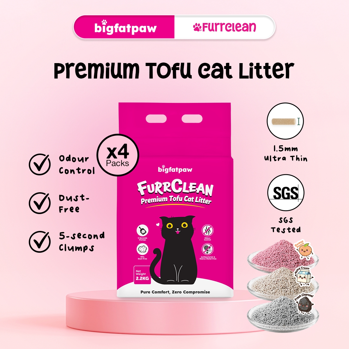 [Carton Deal 4 x 2.2kg] bigfatpaw FurrClean Premium Tofu Cat Litter (2.2kg)