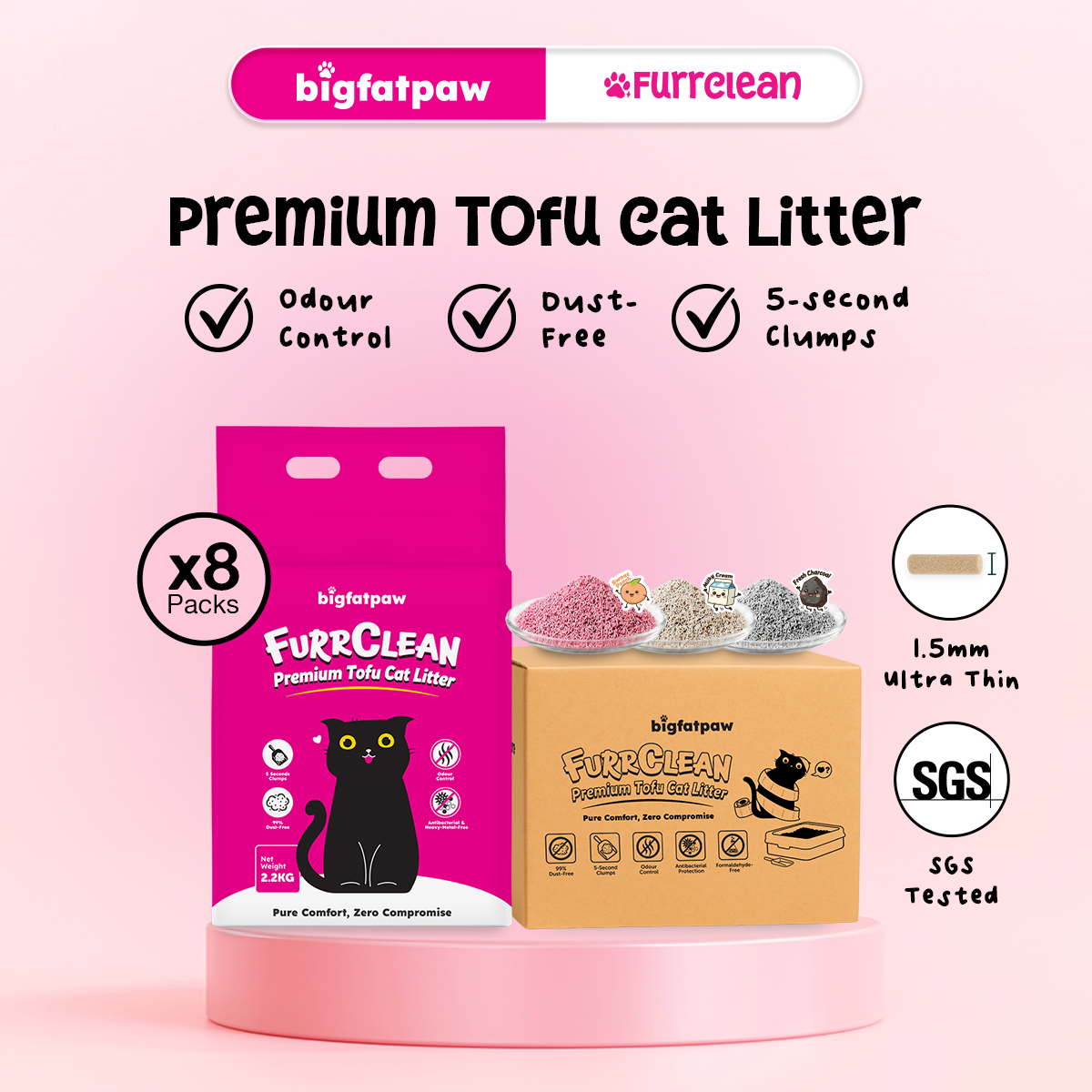 [Carton Deal 8 x 2.2kg] bigfatpaw FurrClean Premium Tofu Cat Litter (2.2KG)