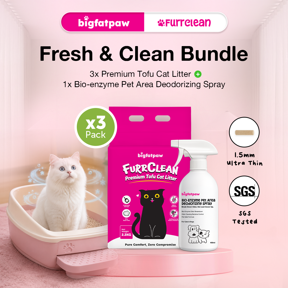 [Value Combo] bigfatpaw Premium Tofu Cat Litter (2.2kg x3)+Bio-Enzyme Pet Deodorizer Spray (400ml)