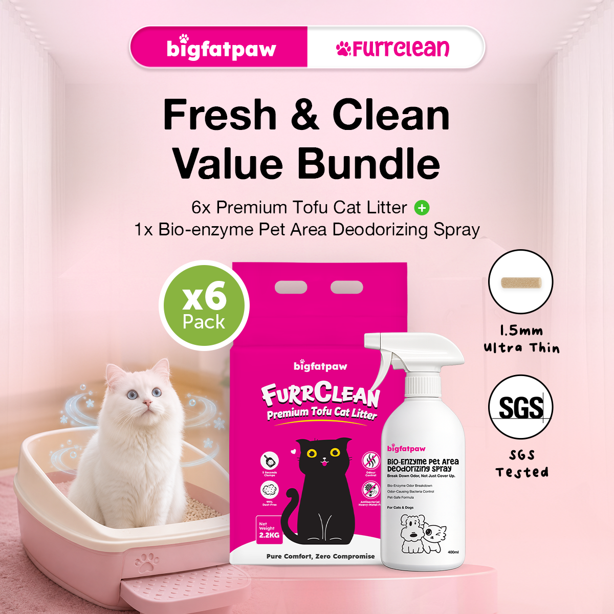 [Value Combo] bigfatpaw Premium Tofu Cat Litter (2.2kg x6)+Bio-Enzyme Pet Deodorizer Spray (400ml)